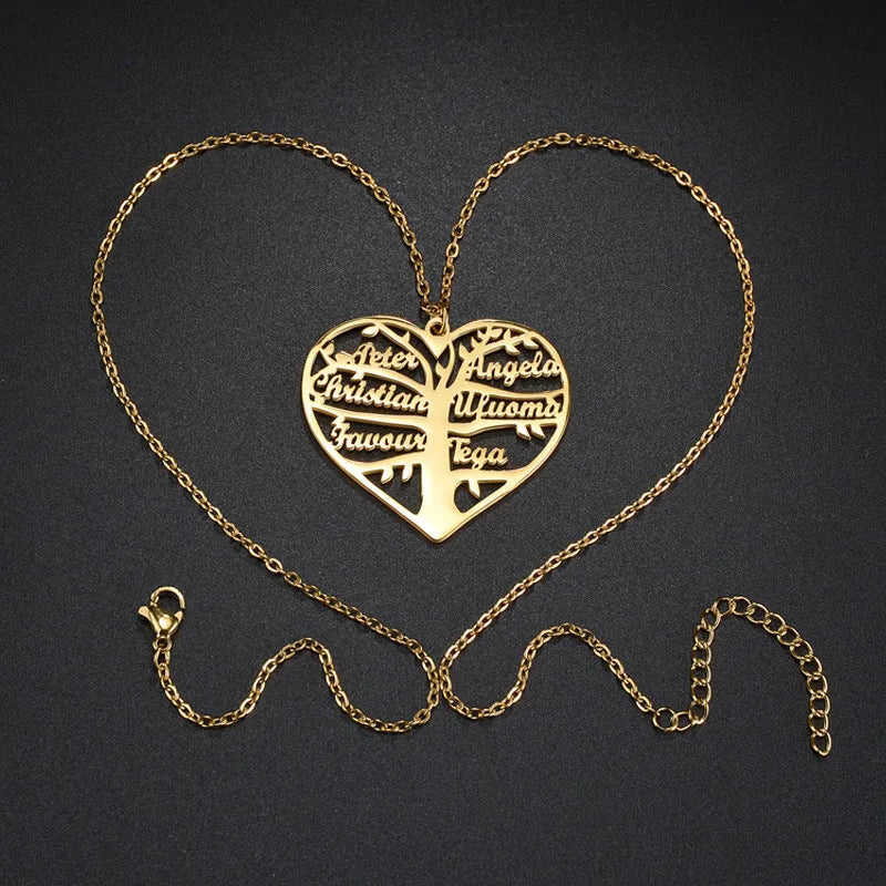 Custom stainless steel necklace with a life tree and hollow heart pendant engraved with names, shown in silver finish.