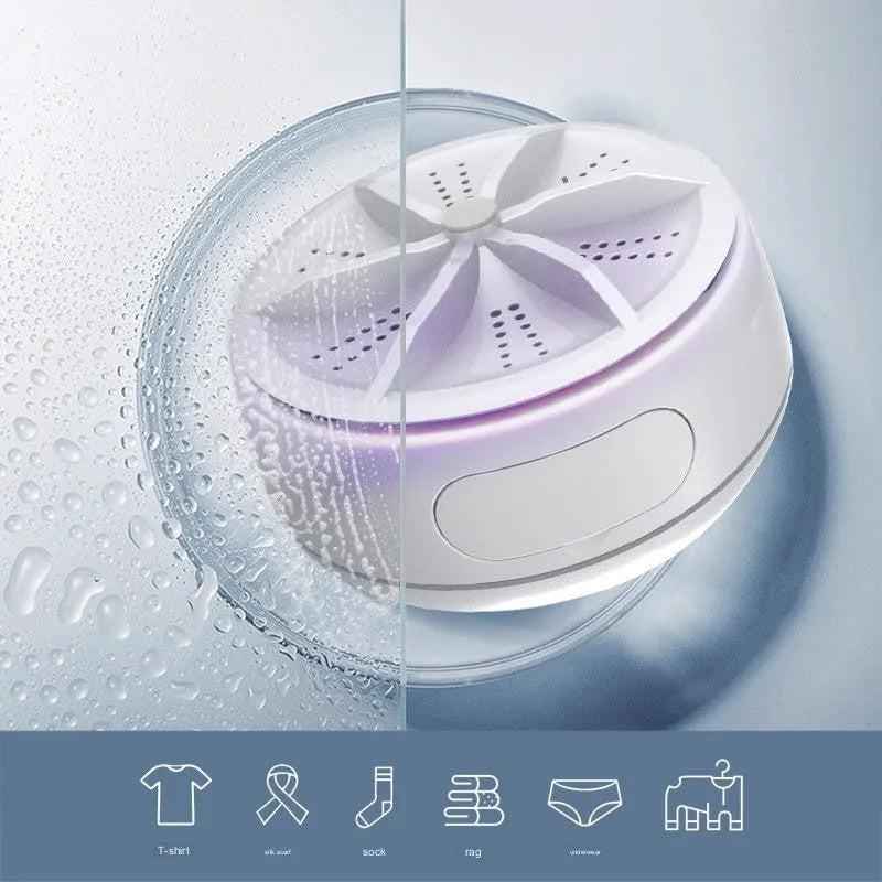 White ABS plastic portable turbo washing machine with remote control, USB power, and colour box packaging