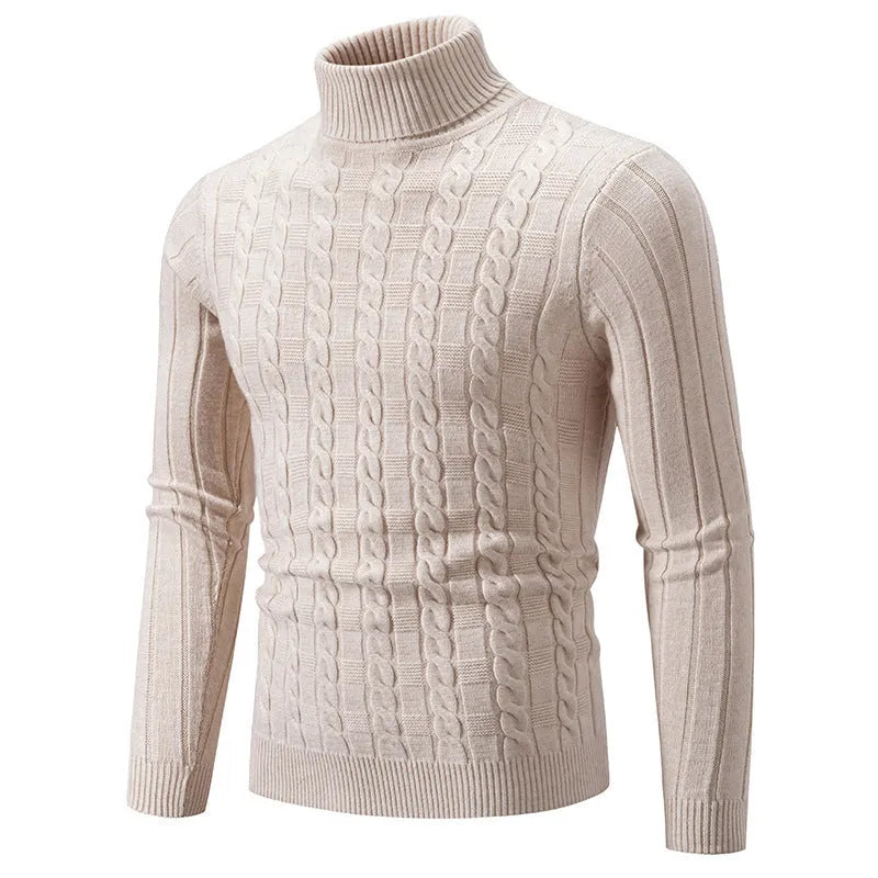 Men's slim fit chenille turtleneck pullover sweater in neutral colour on hanger