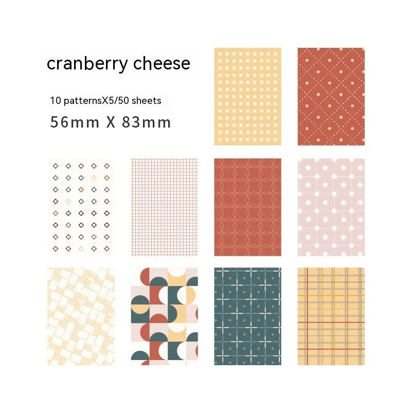 Retro collage note papers in dessert colours including red plum cheese and blue fruit bitter cassava
