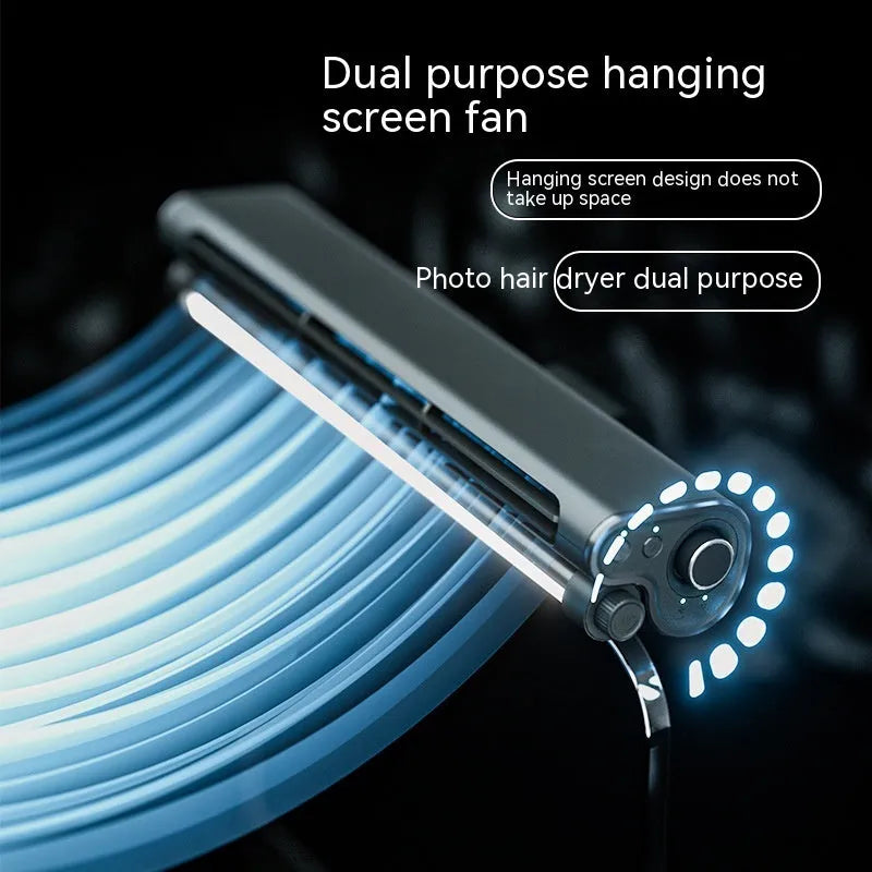 Black USB bladeless fan with clip attachment for laptop screens showing brushless motor design