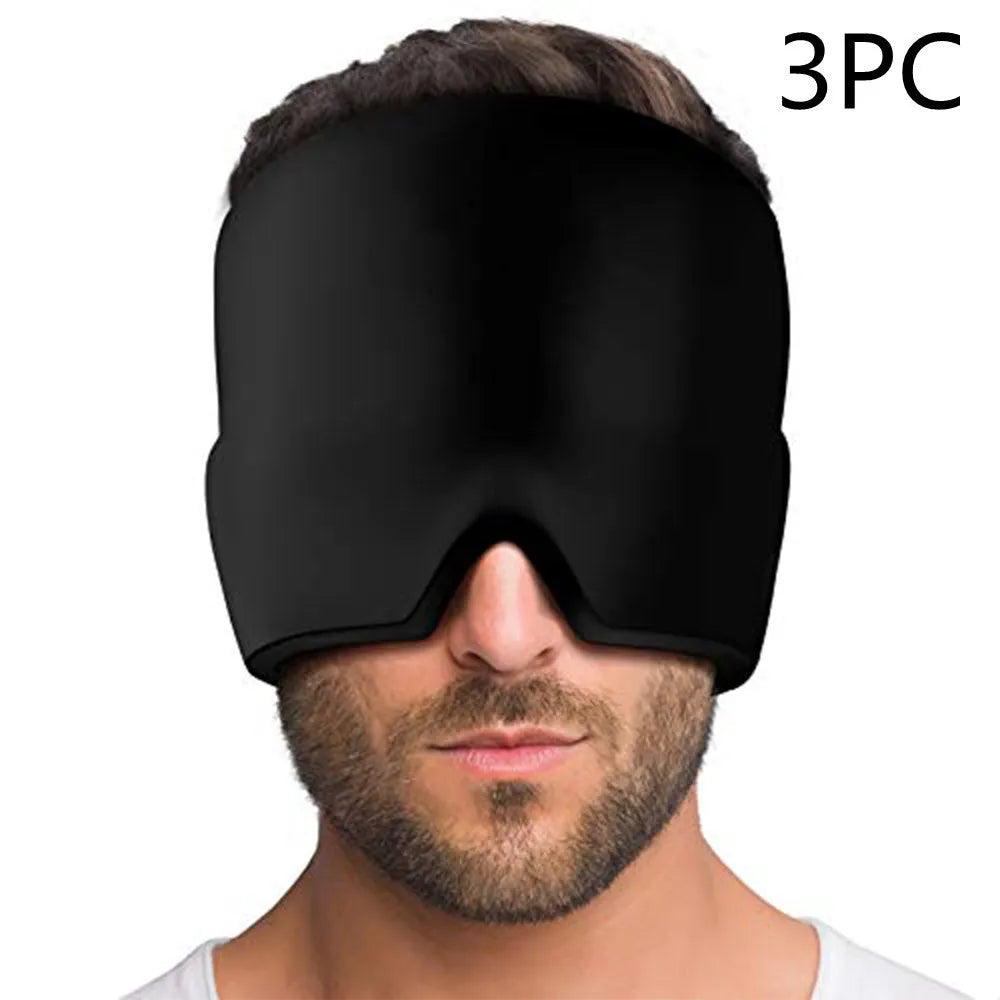 Cold therapy gel eye mask for headache relief in black colour on forehead
