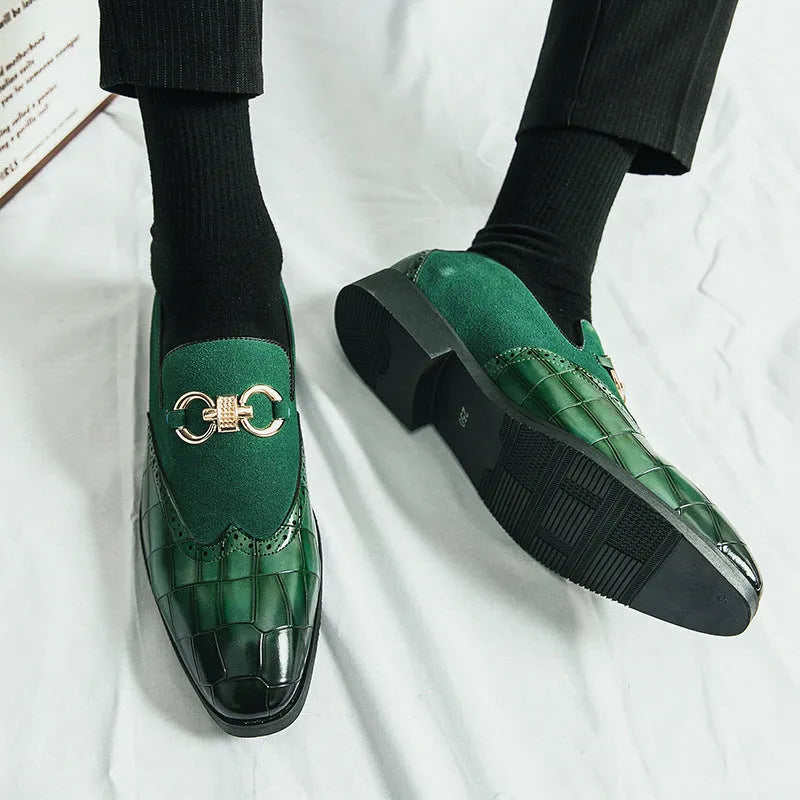 Korean style men's business casual shoes with pointed toe and sewing line details in black and green colour options
