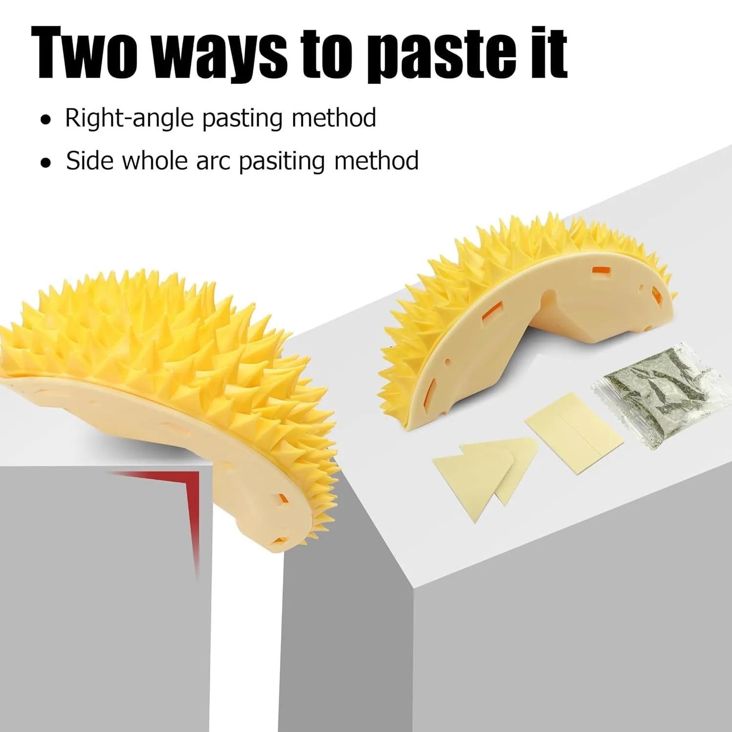 Yellow durian-shaped cat corner massage comb scratcher mounted on a wall.