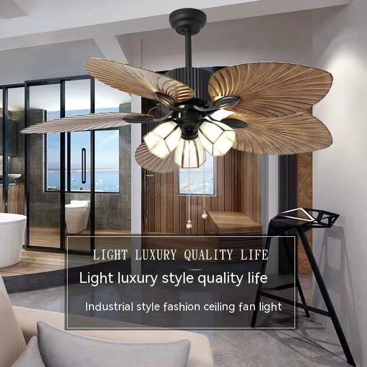 52-inch retro style ceiling fan light with wooden blades and integrated three-light fixture