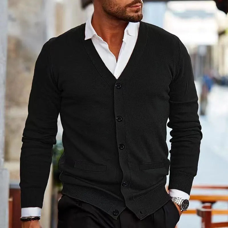 Men's slim fit acrylic cardigan sweater in dark grey, shown as a casual autumn winter layer.