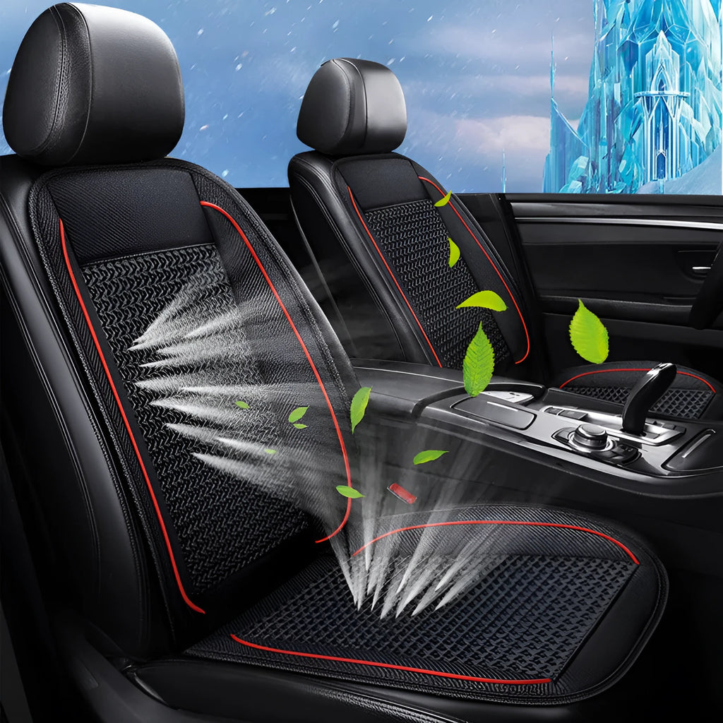 Square black car ventilation seat cushion with power cord on a car seat.