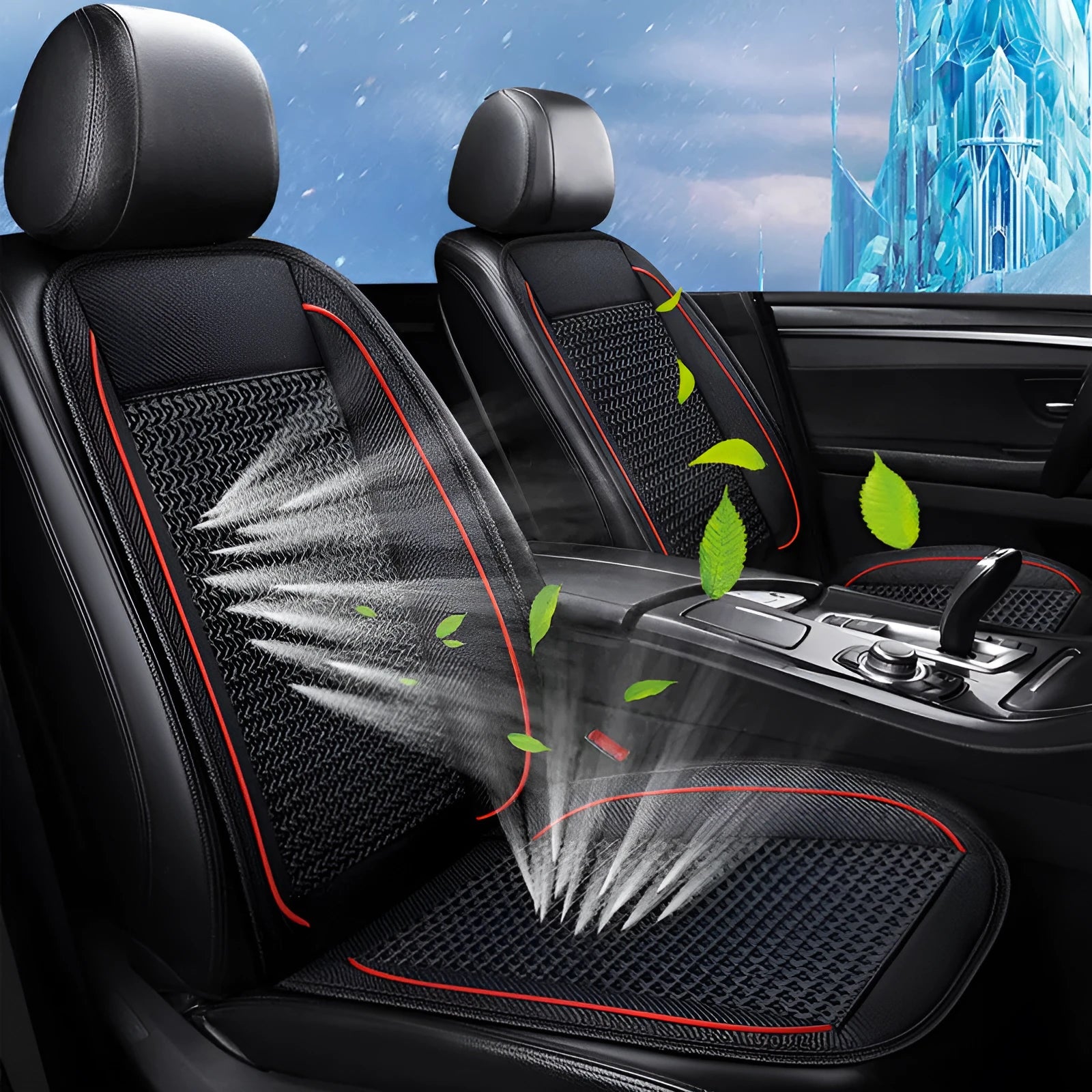 Square black car ventilation seat cushion with power cord on a car seat.