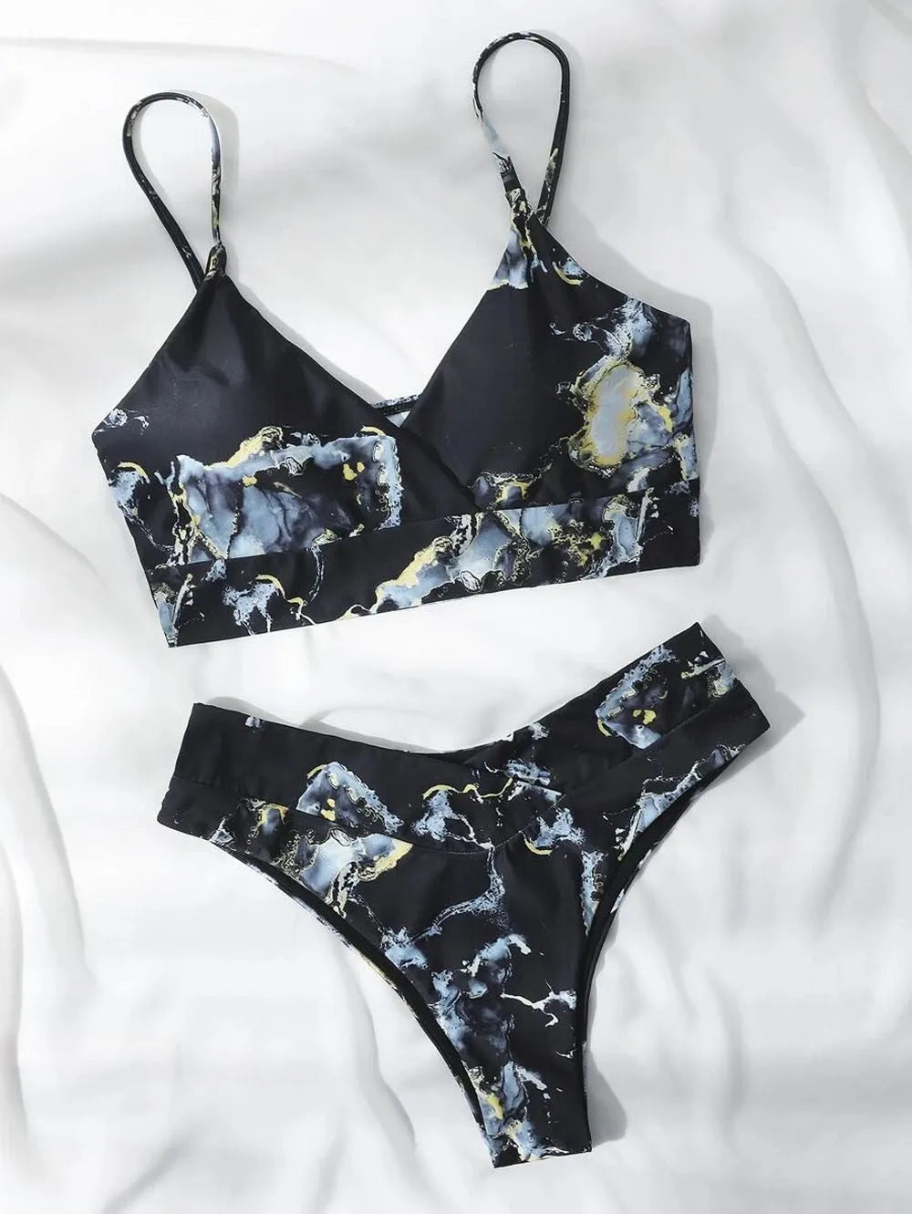 Women's marble tie-dye high-waist bikini with U-neck top for swimming.