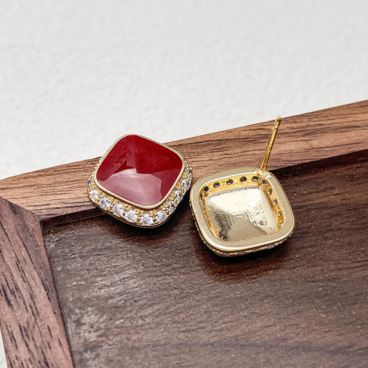 Red alloy square geometric plate earrings with inlaid design for women