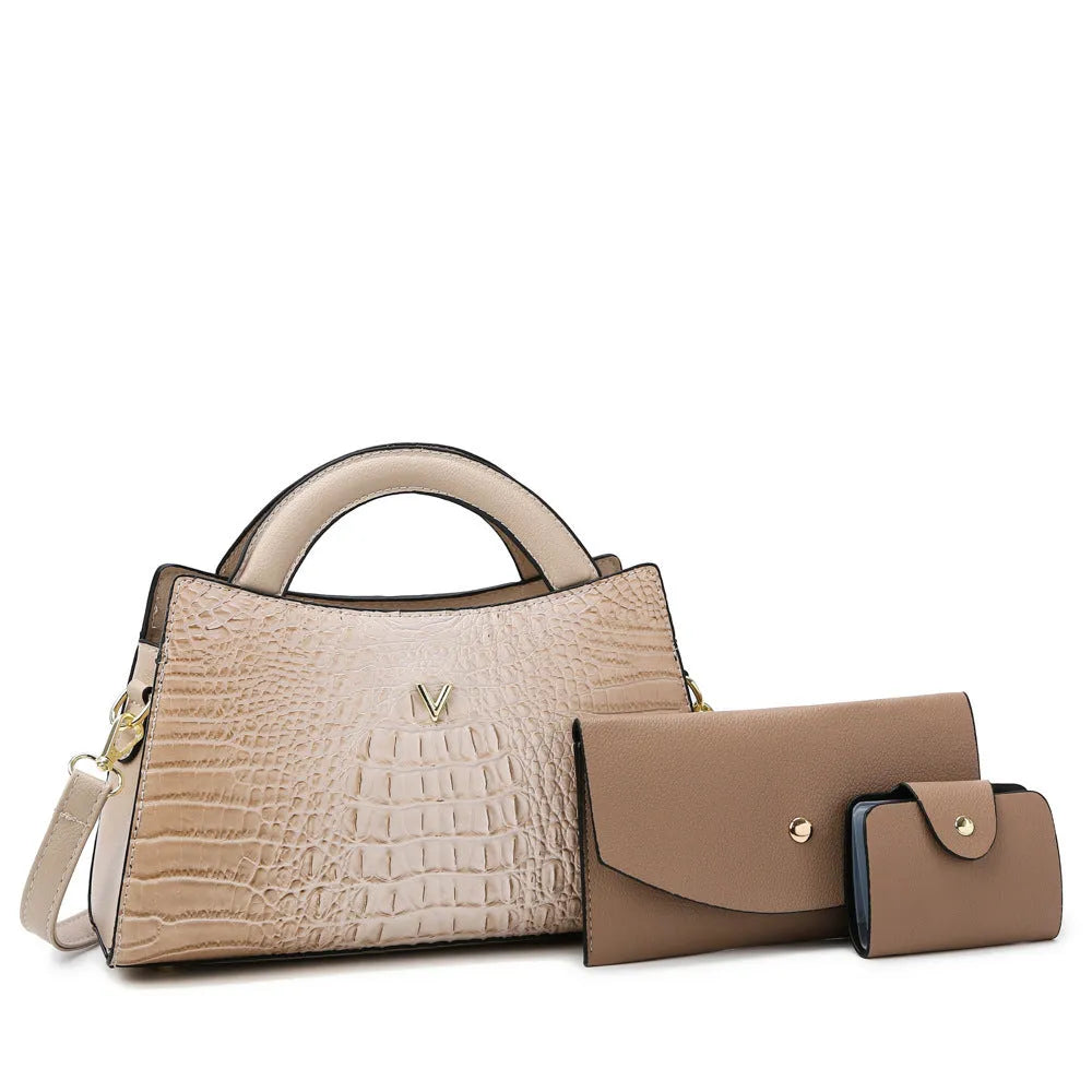 Women's crocodile pattern PU crossbody handbag showing interior compartments and colour options