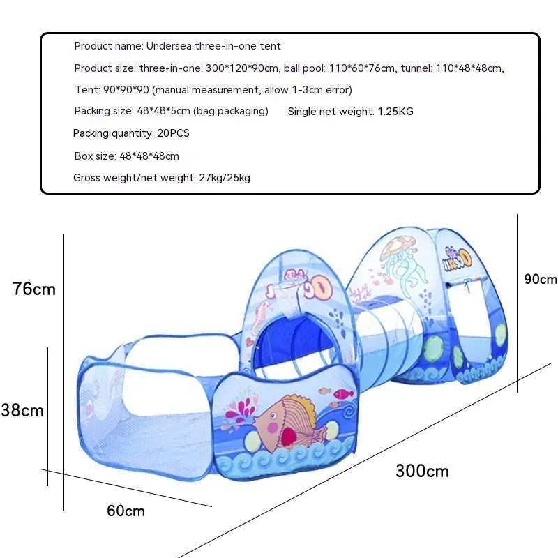 Cartoon marine themed three-in-one children's fabric play tent with ball pool tunnel