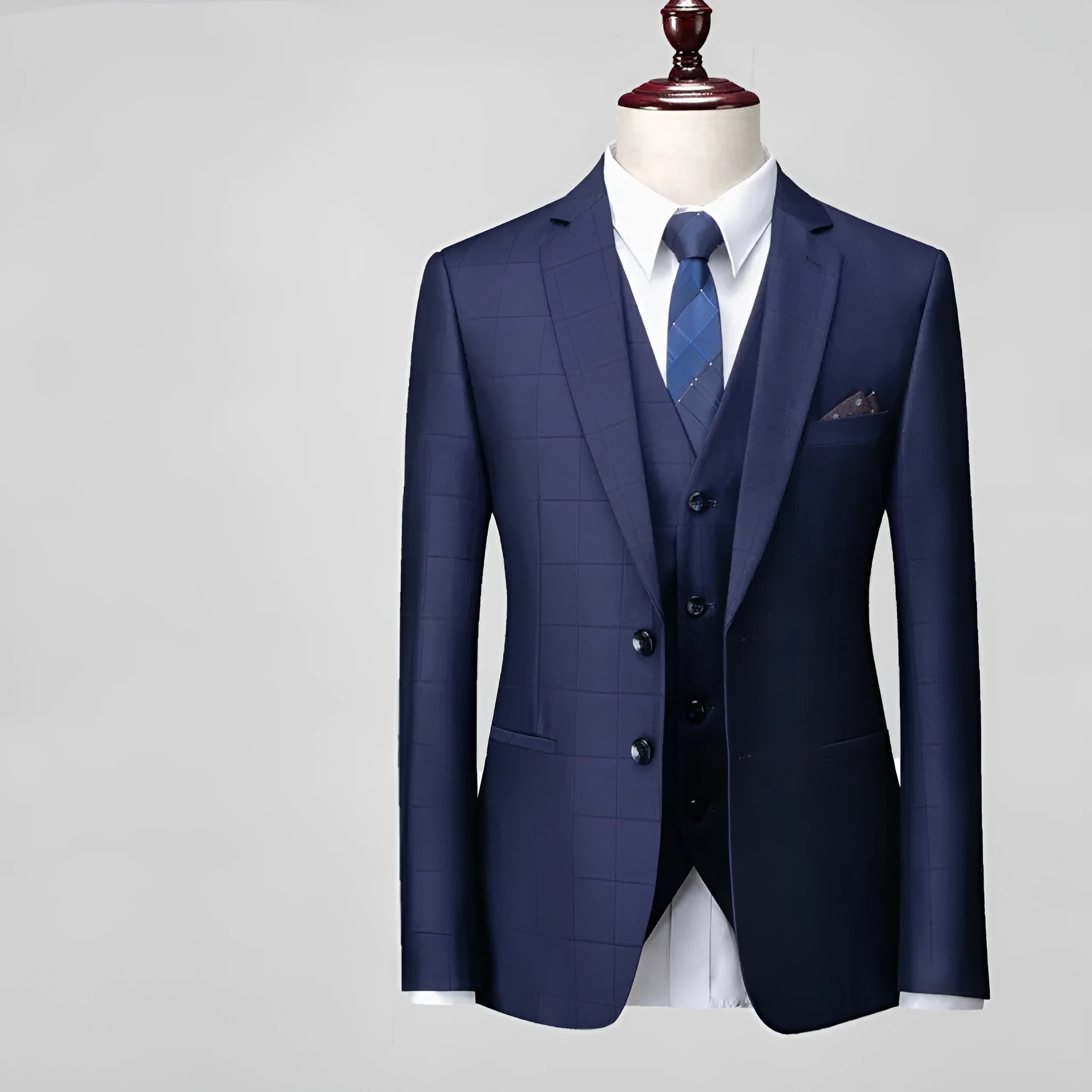 Men's navy blue plaid slim fit three-piece business casual suit with jacket, vest and trousers