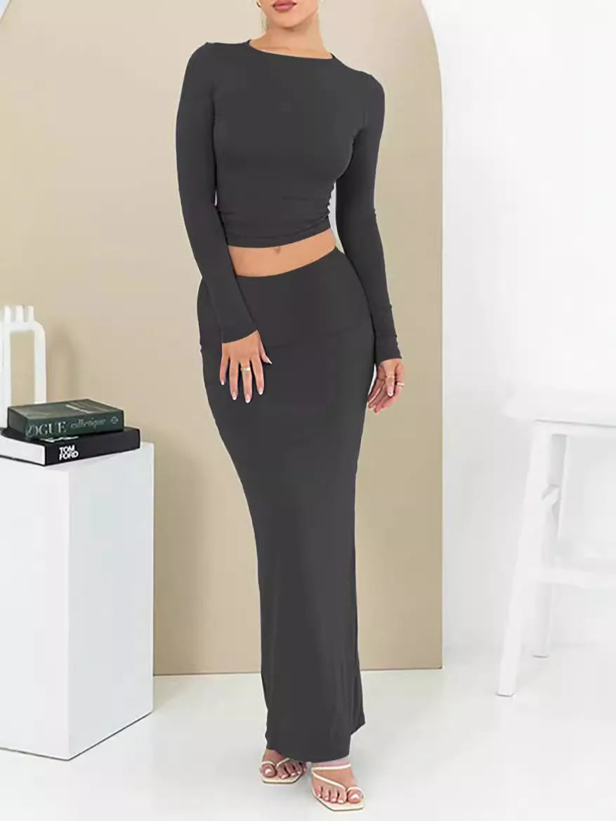 Women's polyester two-piece autumn suit in sweet style with three-quarter sleeves and long skirt