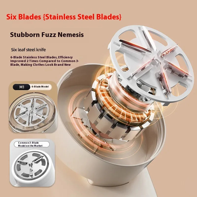 USB rechargeable fur ball trimmer with digital display, shown in beige and purple colour options with multiple cutter head configurations.
