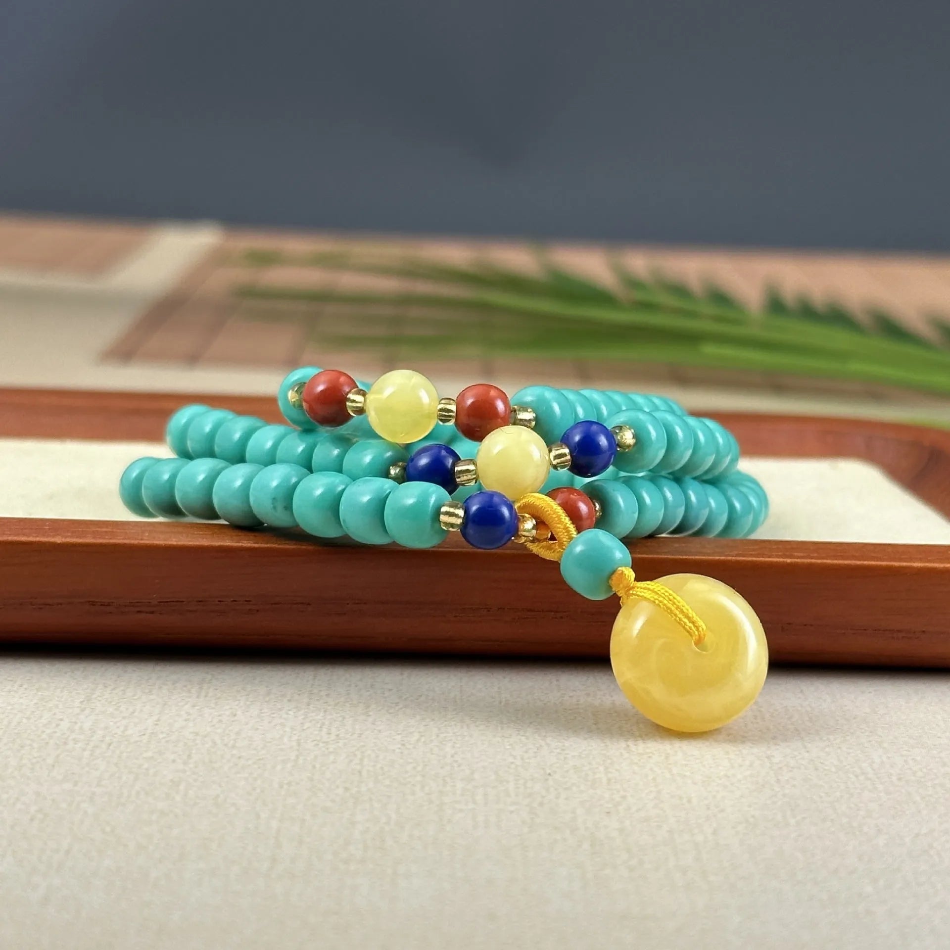 Turquoise stone mesh flower lucky pendant necklace with ball bead chain, adjustable 71-80cm length