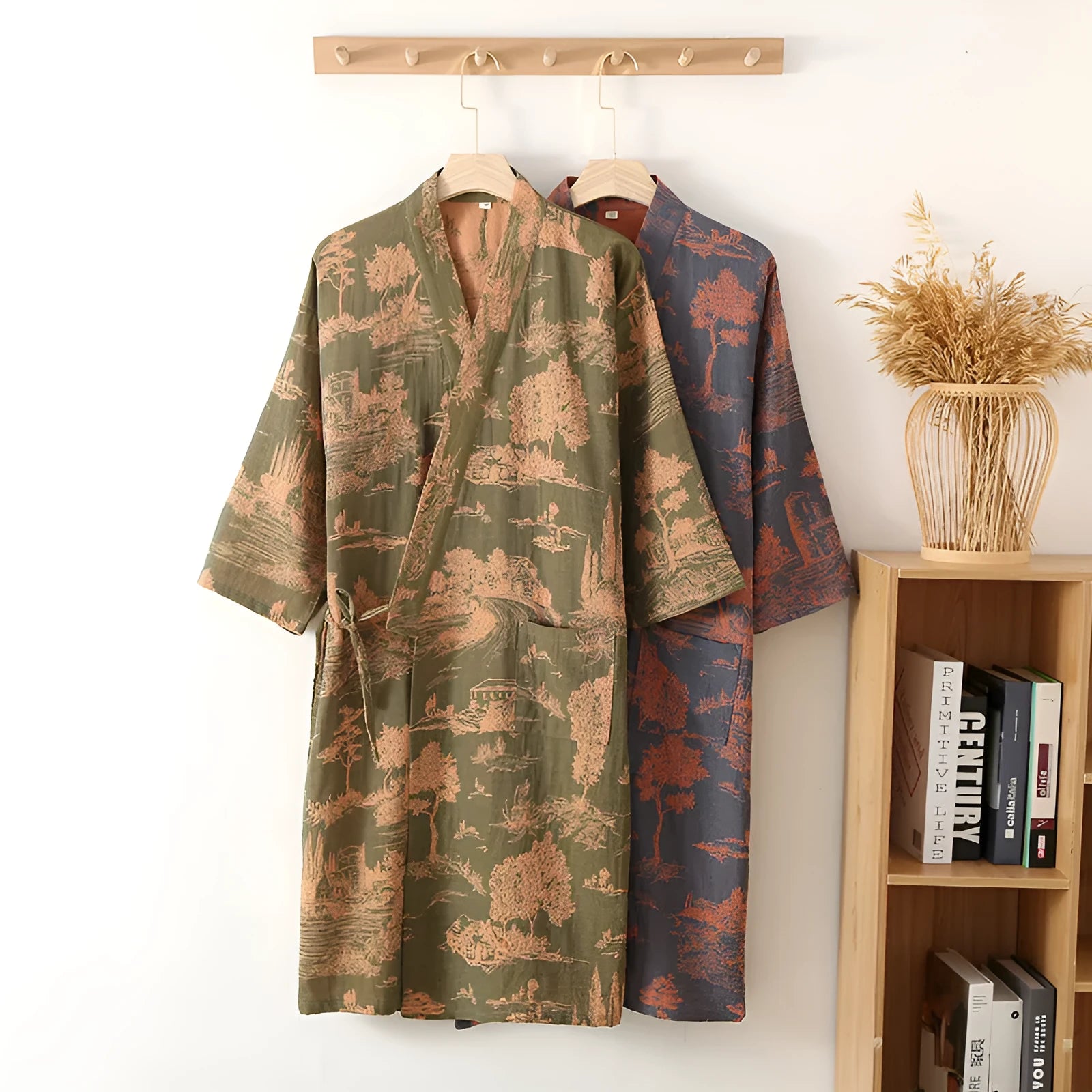 Men's cotton gauze kimono long dress bathrobe in dark blue, lightweight and breathable