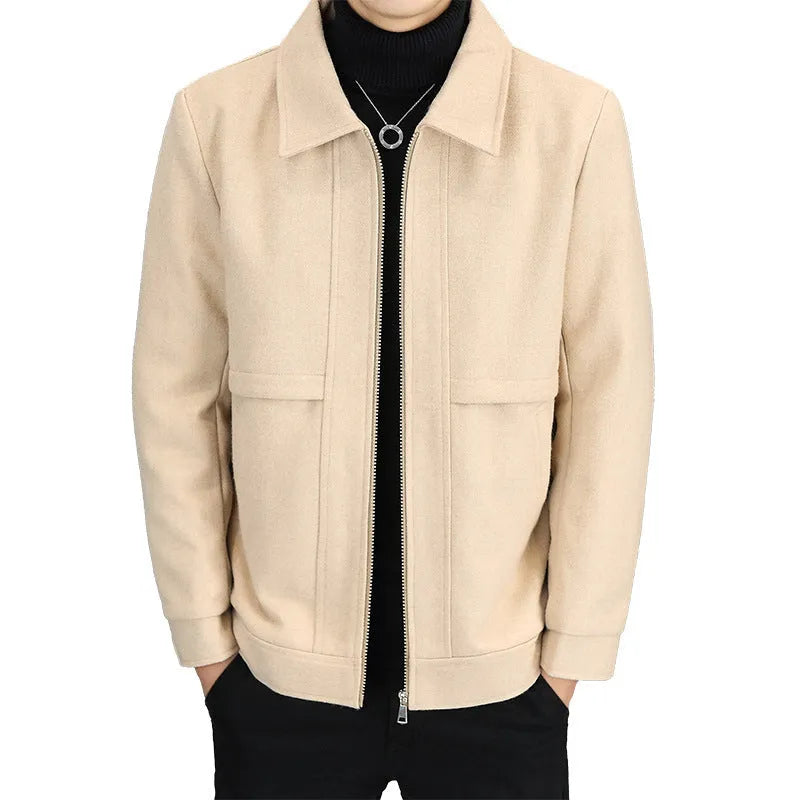 Men's casual polo collar jacket in khaki and grey colour options with side seam pockets