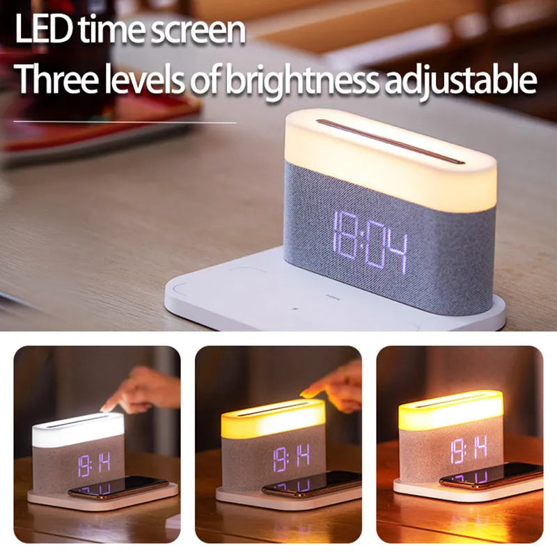 Black wireless charging desk clock with LED display and night light on wooden surface