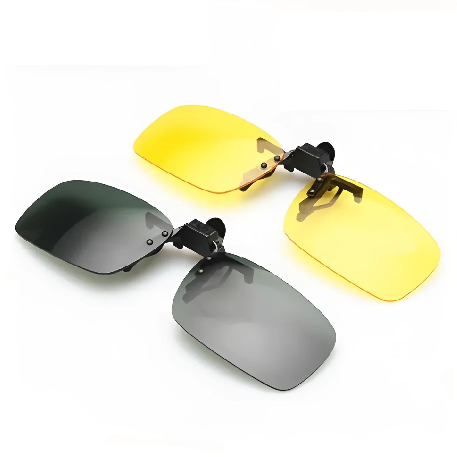 Myopia sunglasses clip with PC lenses in dark green, grey, and night vision options for prescription glasses