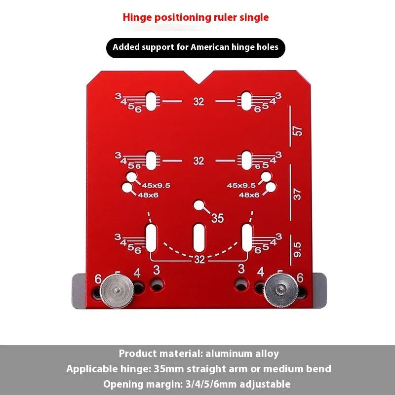 Aluminium alloy 35mm hinge locator tool with adjustable margin settings for cabinet installation.
