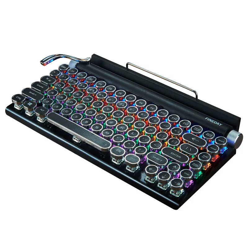 Black retro-style Bluetooth mechanical keyboard with backlit keys on a desk