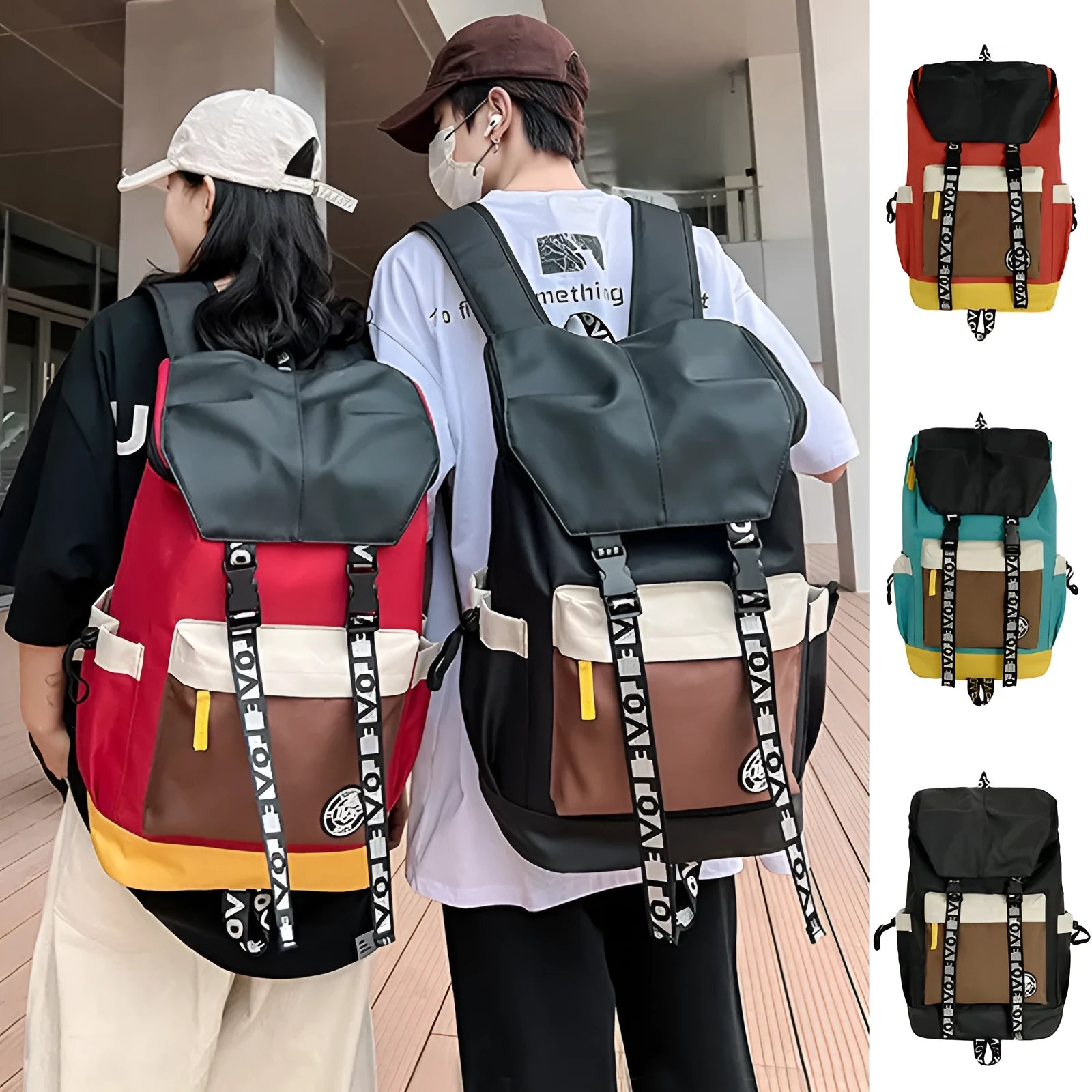 Oxford cloth backpack in black, green, or red with handheld grip and shoulder straps.