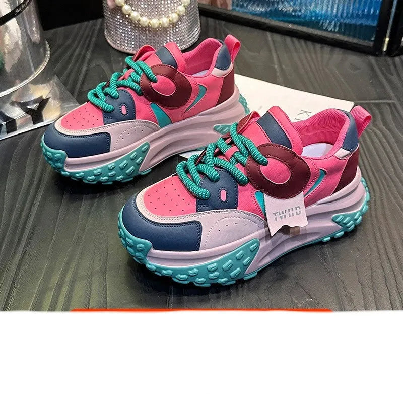 Women's thick-soled leather sports casual shoes in silver colour with round toe and lace-up front.