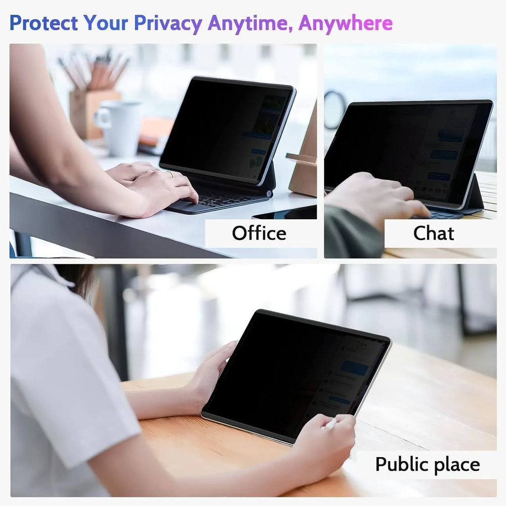 Magnetic suction iPad privacy screen protector with paper-like texture and storage clip on an iPad.