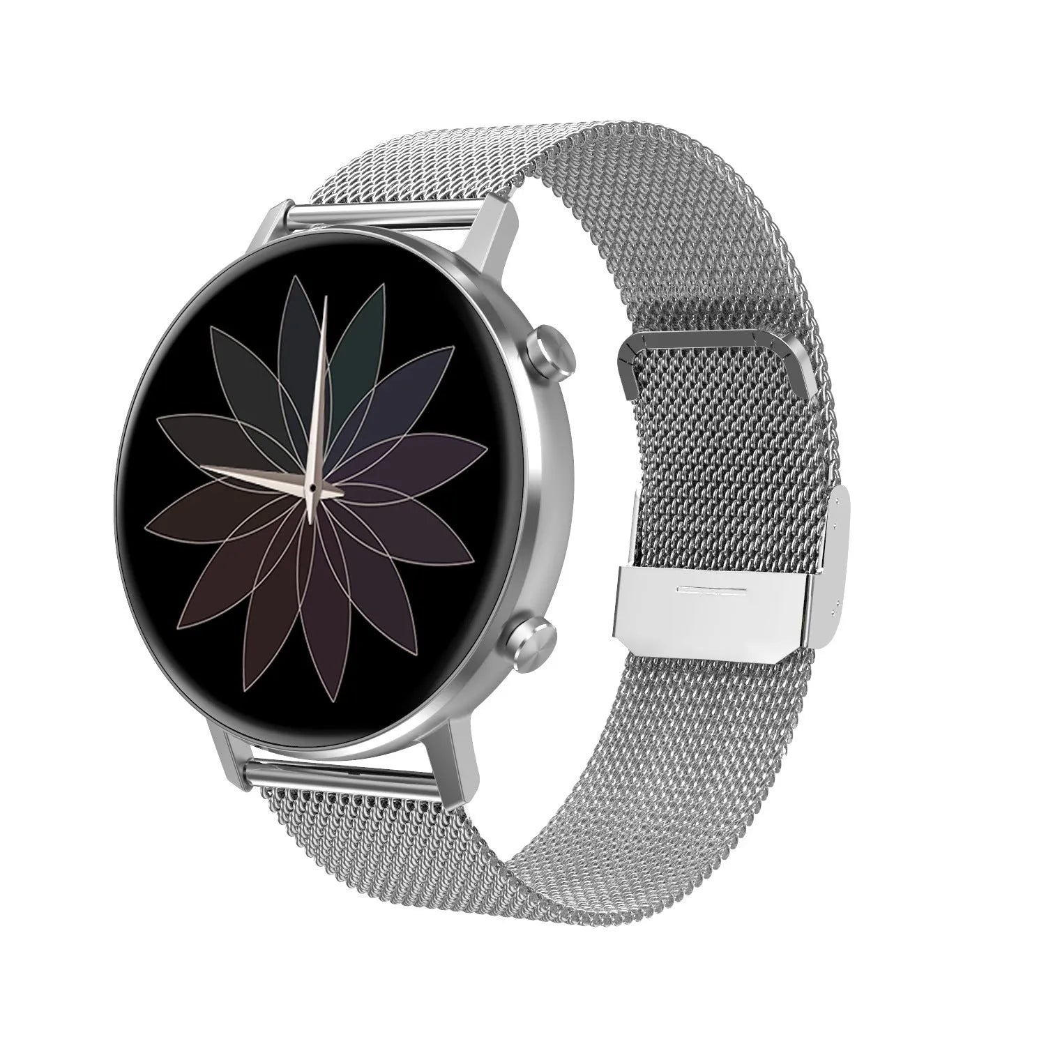 DT96 smart bracelet with steel strap on wrist, showing 1.3-inch colour screen.