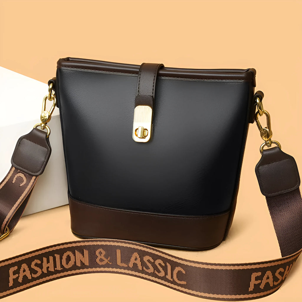 Korean style soft PU leather bucket messenger bag with dual straps in black colour