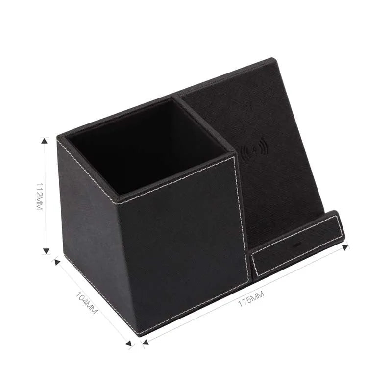 Leather wireless charging station with pen holder organiser for desk phone charging