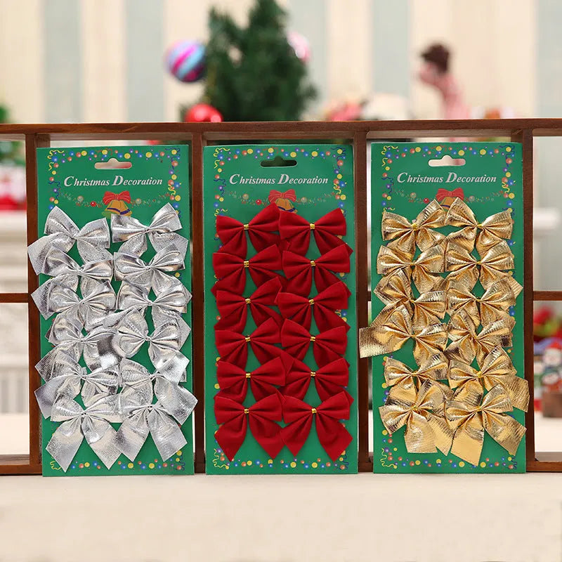 Red, gold, silver, and red-gold polyester Christmas bow ornaments measuring 5 cm.
