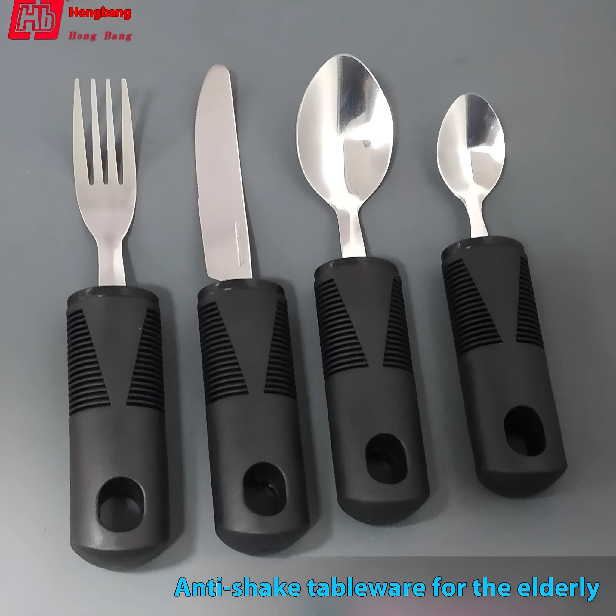 Stainless steel adaptive eating utensils with rubber anti-shake handles for elderly dining assistance