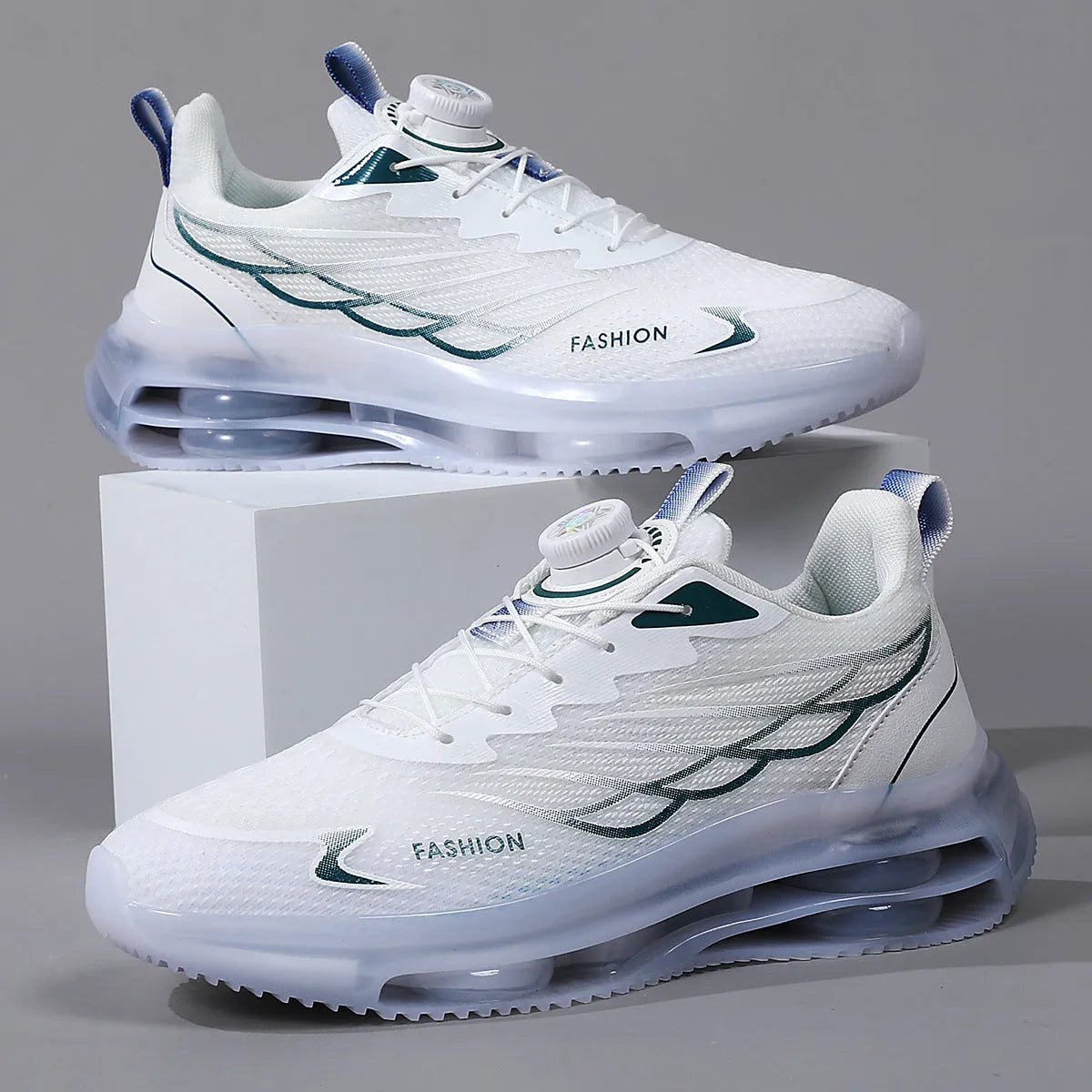 White men's casual sports shoes with rotating button lace system and mesh upper