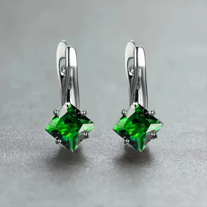 Copper women's earrings with diamond design and zircon inlay in blue, green, and colour options