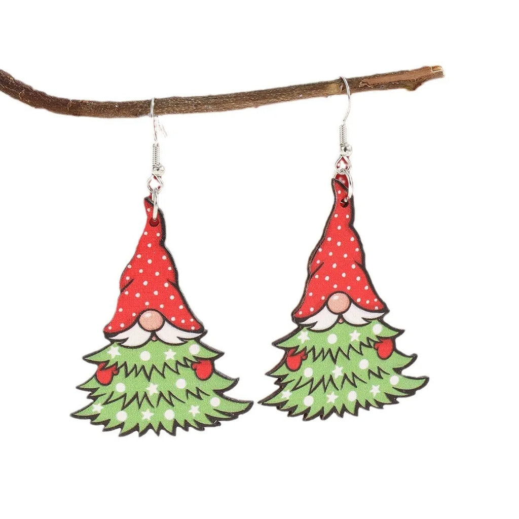 Wooden Christmas earrings with geometric Christmas tree and water drop snowman designs featuring Santa Claus motifs