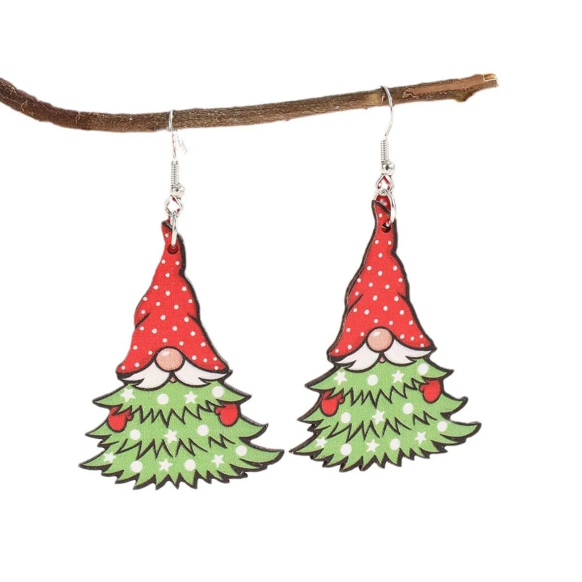Wooden Christmas earrings with geometric Christmas tree and water drop snowman designs featuring Santa Claus motifs