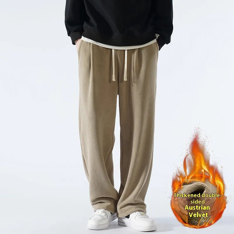 Men's double-sided polar fleece trousers with wool lining in loose Korean style