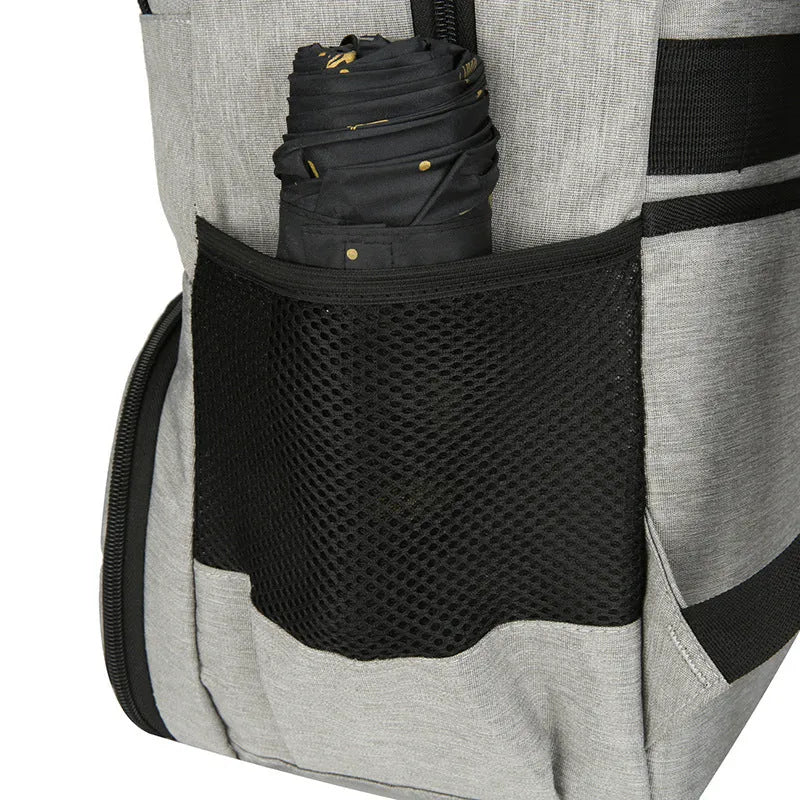 Light grey Oxford cloth insulated backpack with curved shoulder straps and pull rod belt