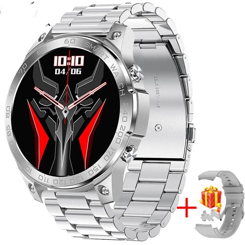 Black Bluetooth smartwatch with round AMOLED screen on a silicone strap, showing fitness stats.