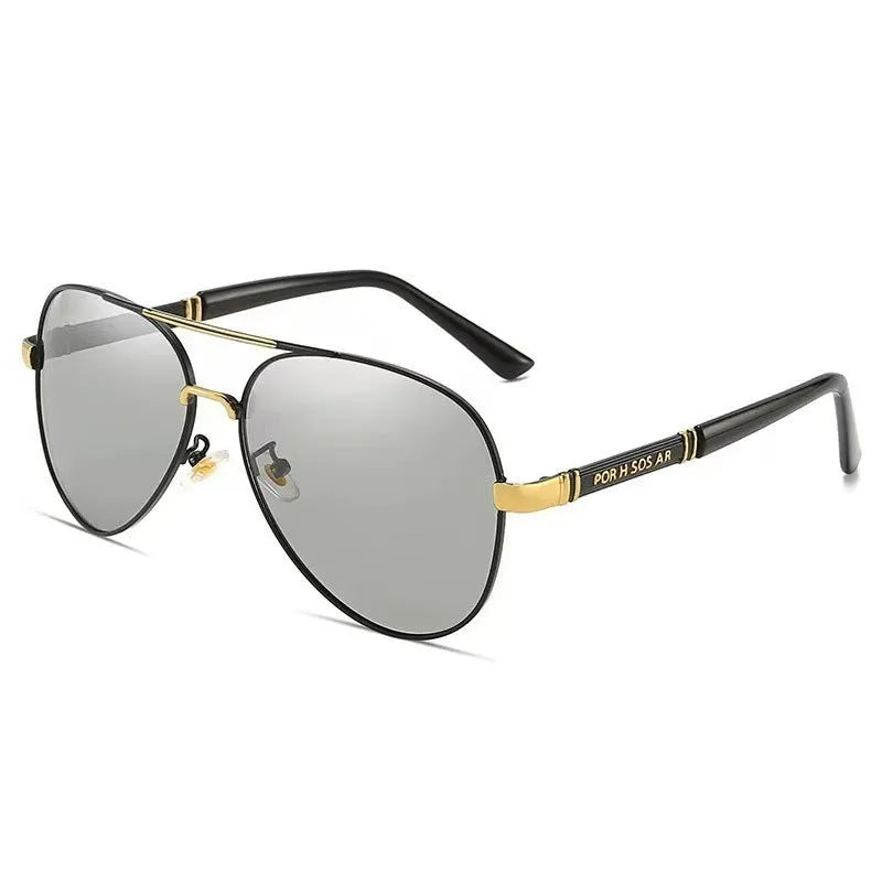 Men's metal frame polarised sunglasses with dragon and phoenix temple decoration, shown in a gold frame with dark lenses.
