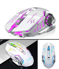 Black and white wireless mouse with USB charging cable showing six buttons and optical sensor