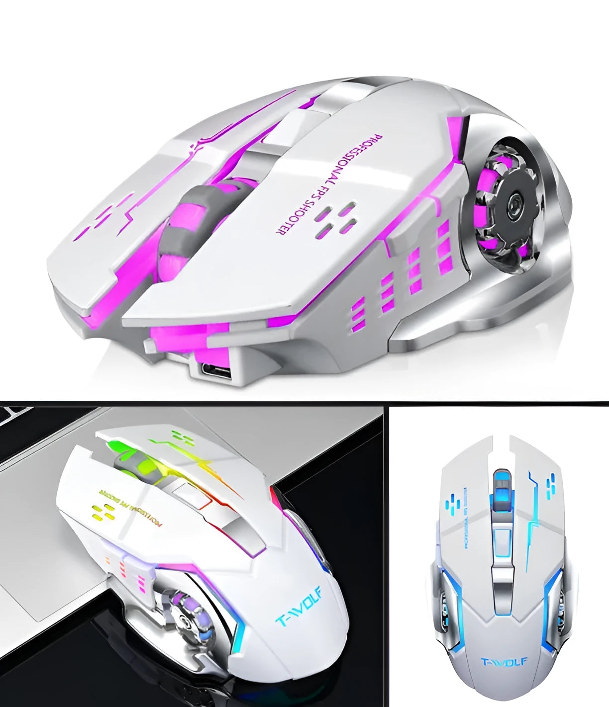 Black and white wireless mouse with USB charging cable showing six buttons and optical sensor