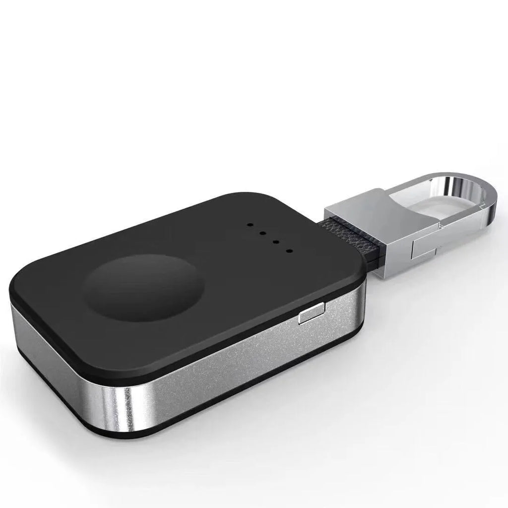 Black Apple Watch wireless charging power bank keychain with compact rectangular design