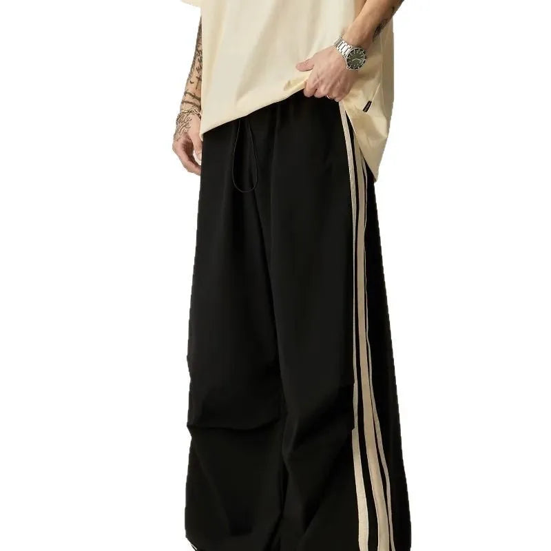 Men's black wide-leg climbing trousers with high waist and straight-leg design for summer leisure wear
