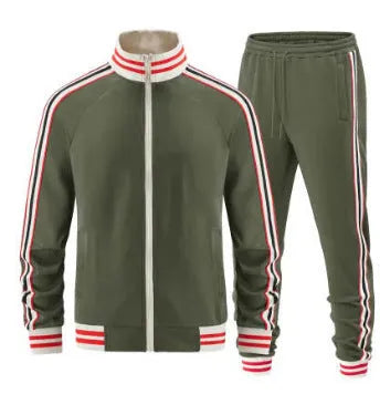 Mens khaki coloured polyester turtleneck zip cardigan and trousers casual suit set