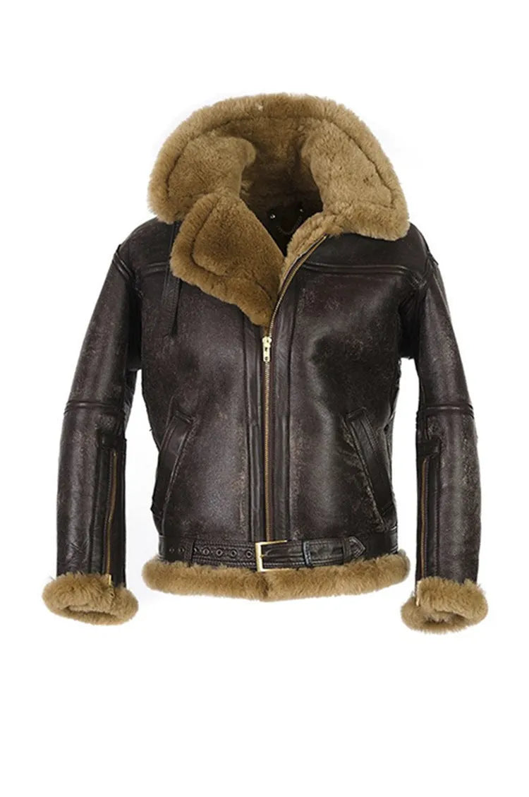 Men's brown Western antique style synthetic leather fur coat with side pockets and straight hem