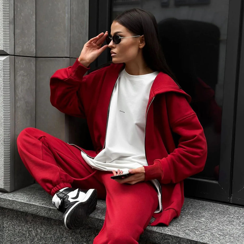 Red loose fit street style coat and trousers two-piece set with long sleeves