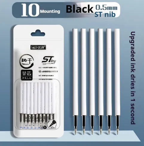 Pack of 10 quick-drying push bullet pen refills in black, red, blue, and ink blue colours.